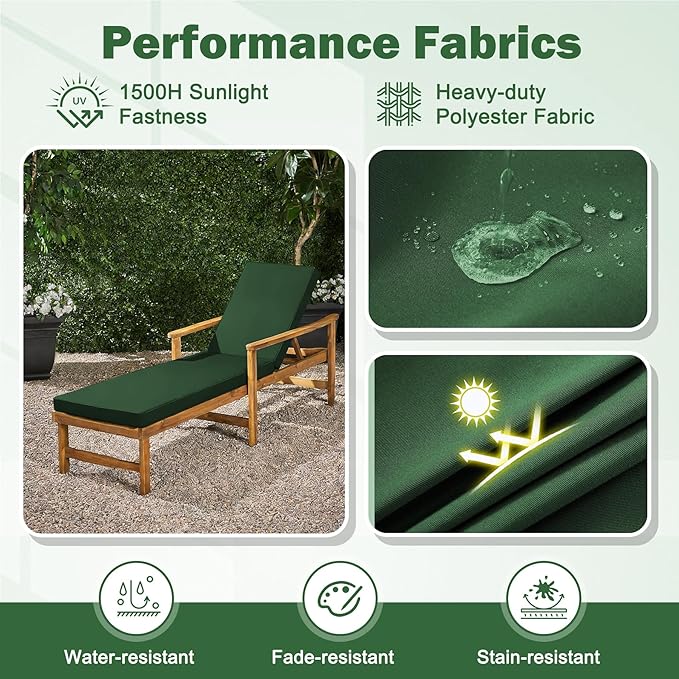 Chaise Lounge Cushions Outdoor, 72x 21x 3 Inch Waterproof & Fade-Resistant Lounge Chair Cushion, Outdoor Chaise Cushion with Removable Cover & Ties for Lawn, Patio, Pool & Beach, Forest Green