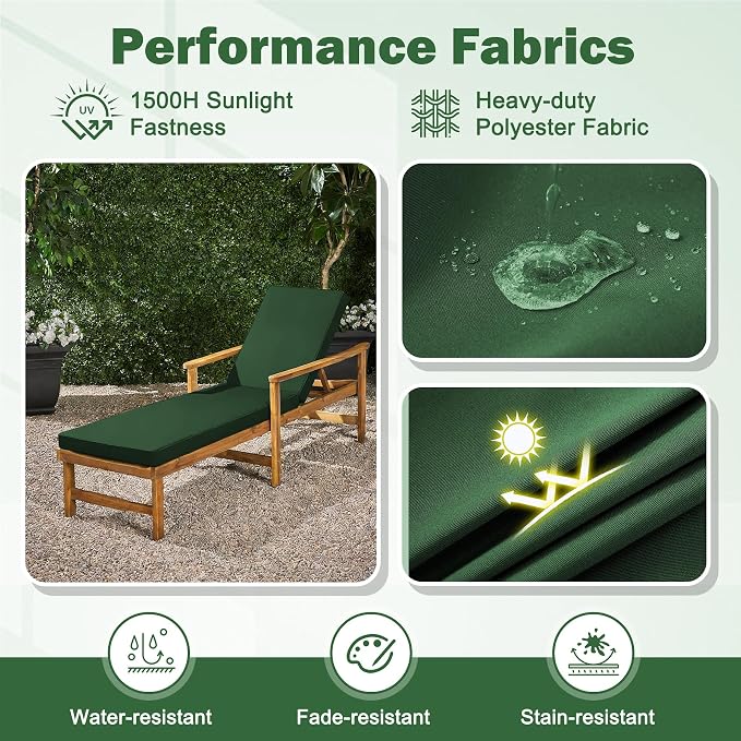 2 Pcs Chaise Lounge Cushions Outdoor Set of 2, 72x 21x 3 Inch Waterproof & Fade-Resistant Lounge Chair Cushion, Outdoor Chaise Cushion with Ties for Lawn, Patio, Pool & Beach, Forest Green