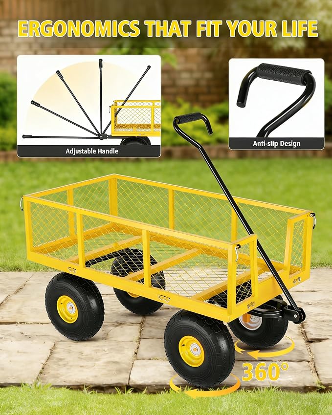GarveeLife Heavy Duty Steel Garden Cart 500 LBS Capacity 3 in 1 Pullable Garden Wagon with 10 in Wheels for Gardening Soil, Tools, and Plant Transport