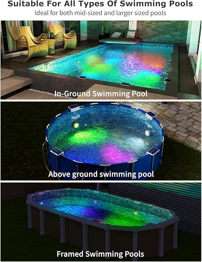 Solar Pool Lights, Solar Powered Submersible LED Lights with Remote IP68 Waterproof Swimming Pool Lighting, 16 Colors Underwater Pool Light for Above Ground Inground Pool, Pond (White,2 Pack)