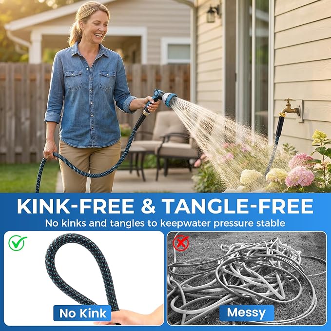 Non-Expandable Garden Hose – Ultra Lightweight & Leak-Proof Kink-Free Water Hose with 10-Function Spray Nozzle – Wear-Resistant Hybrid Hose for Yard, Lawn, Car Wash & Outdoor Use – 50 ft