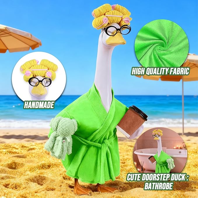 Lady Porch Goose Outfits,Bathrobe Porch Goose Statue Costume with Curlers Reading Glasses Coffee Cup Towel, Cute Goose Clothes for 23-Inch Cement Statue, Lawn Yard Garden Patio Decor(Green)