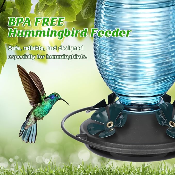 FEED GARDEN Glass Hummingbird Feeder for Outdoors Hanging, 20 OZ Humming Birds Feeders with 6 Bee Guard Feeding Ports & Built-in Ant Moat, Bird Feeder for Outside, Blue,1 Pack