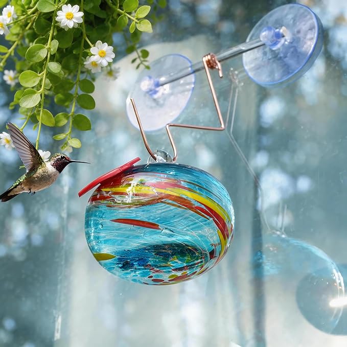 QFkris Blown Glass Hummingbird Feeder with Suction Cups for Window, Small Hummingbird Feeder with Flower Feeding Ports for Outside Garden Backyard Decor, Gifts for Women Mom(Blue)