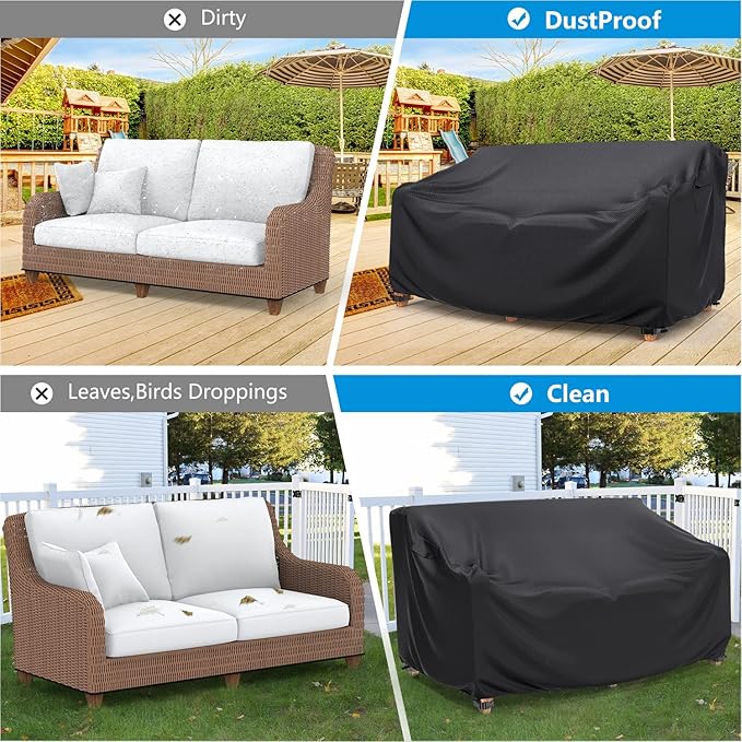 Heavy Duty Patio Sofa Cover Waterproof, Mrrihand 2-Seater Outdoor Sofa Loveseat Cover, Outdoor Patio Furniture Cover with Air Vent and Handles, 60" W×42" D×30" H, Black