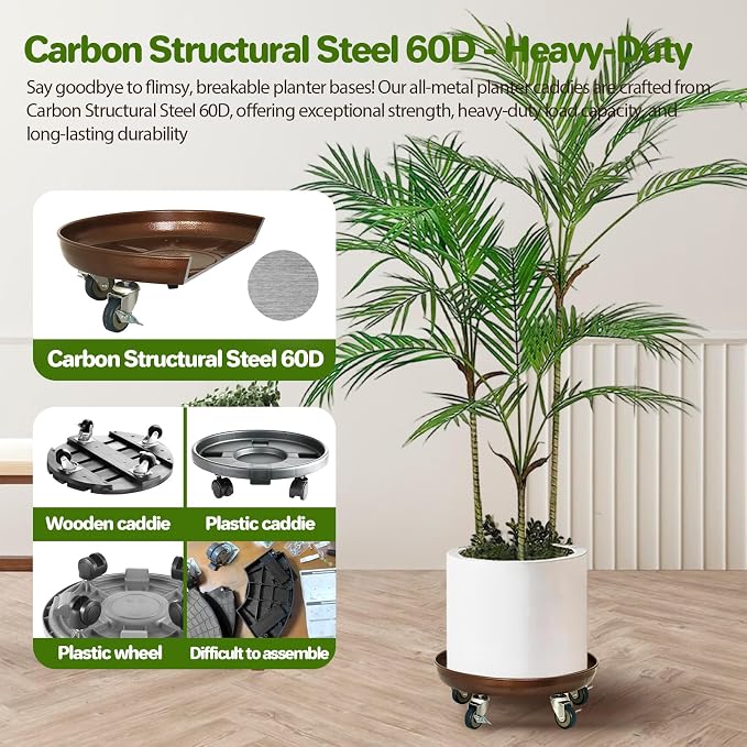 Plant Caddy with Wheels, 17" Heavy Duty Metal Plant Dolly, 440 lb Capacity Rolling Plant Stand with 360° Locking Casters, Waterproof Planter Tray and Saucer for Indoor Outdoor Large Pots