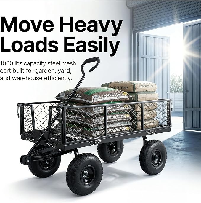 Finnhomy Heavy Duty 1000 Lbs Capacity Mesh Steel Garden Cart, Pullable Garden Wagons Carts on Wheels, Folding Utility Wagon with Removable Sides for Outdoor, Yard, Lawn, Black