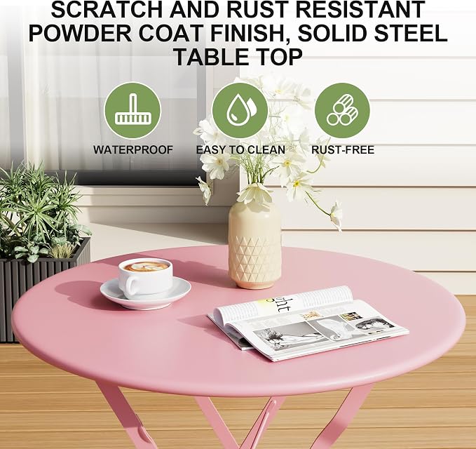 3-Piece Folding Bistro Set Outdoor Patio Furniture, Space-Saving Foldable Chairs & Table Capacity Heavy-Duty Powder-Coated Steel Frame, No Assembly Required for Garden, Balcony, Backyard, Pink