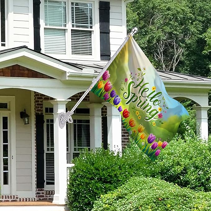 Hello Spring Flag 3x5 Ft, Double Sided Garden Banner with Colorful Tulips and Flowers, Outdoor Yard, Porch, Lawn & Patio Decoration, Seasonal Welcome Flag for Home, Durable Polyester with 2 Brass Grommets