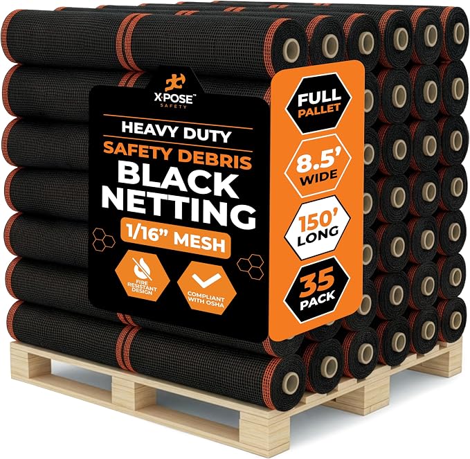Xpose Safety Debris Netting for Construction – 8.5’ x 150’, 1/6" Mesh Scaffold Safety Net, Temporary Material Roll, Visibility Fence, Heavy-Duty Fire Retardant, Black (35-Pack)