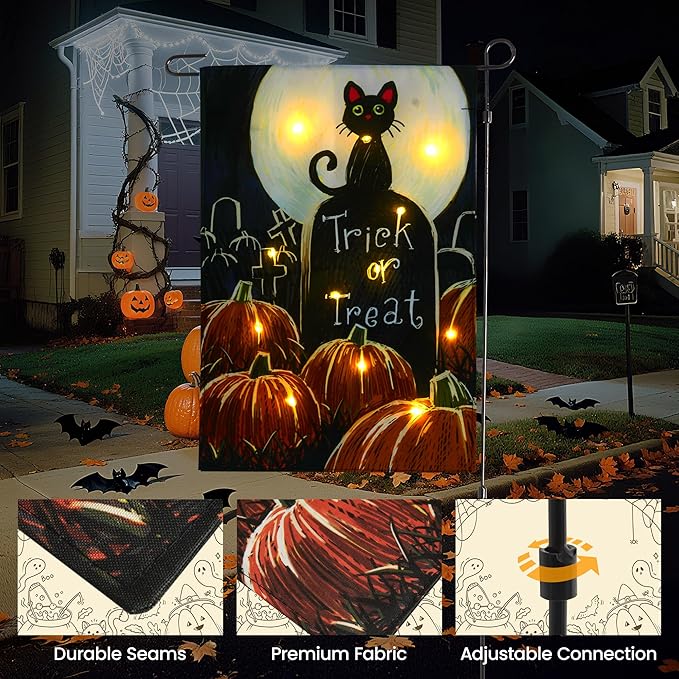 Solar Lighted Christmas Black Cat & Pumpkin Garden Flag Stake, Double-Sided Outdoor Yard Decor, LED Flag for Patio Lawn Thanksgiving Party Winter Holiday Decorations & Gifts