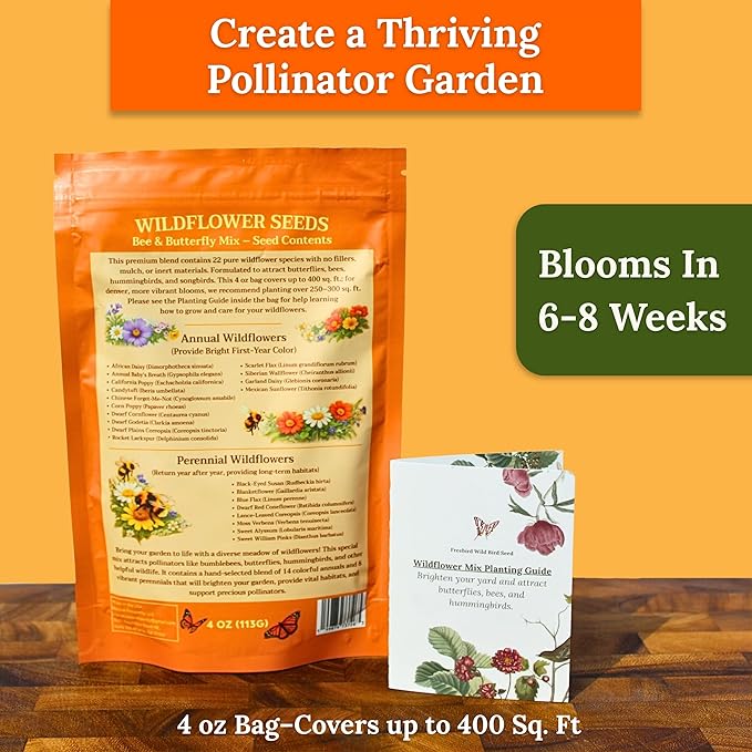 Wildflower Seeds for Bees & Butterflies – 22 Variety Pollinator Mix – 160,000+ Seeds – 4 oz Annual & Perennial Blend