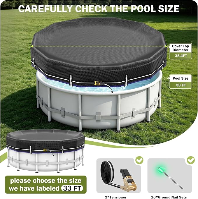 LXKCKJ 33 Ft Round Pool Covers for Above Ground Pools, Extra Thick 185G PE | 100MPH Windproof with Fast Tightening Ratchet & Weight Rings, 600LB Tear-Resistant, Waterproof 12000PA, Cold-Resistant,UPF50+