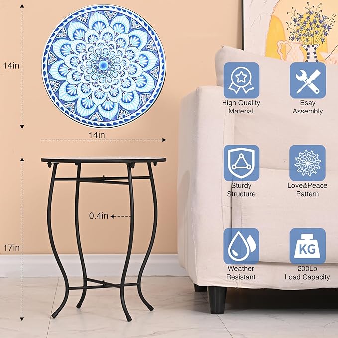 Round Side Table, Indoor Outdoor Small Side Table, Weather Resistant Black Metal Side Table for Livingroom Patio Balcony Yard Porch Garden, 14” Diameter and 17” H Patio Accent Table Plant Stand