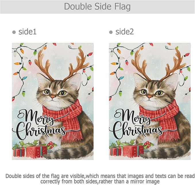 Merry Christmas Cat House Flag 28x40 Inch Double Sided Outside Xmas Reindeer Kitty Winter Seasonal Yard Outdoor Flag Banner for Garden Lawn Patio Holiday Decorations