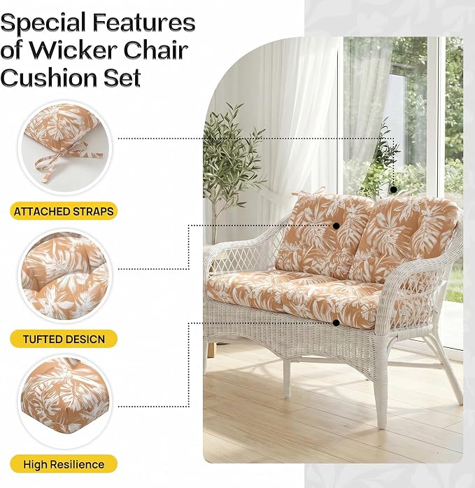 1 MIDDLE ONE Wicker Chair Cushions 3 Pieces Set for Outdoor Furniture, Replacement Patio Wicker Furniture Cushions, 1Pc Loveseat Cushion & 2Pcs Chair Cushions (Tan Monstera)