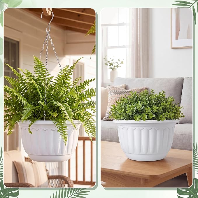 12 Sets Hanging Planters for Indoor and Outdoor Plants Self Watering Hanging Basket Flower Pots Plastic Plant Pots with Drainage Hole and Absorbing Tray(White,10 Inch)