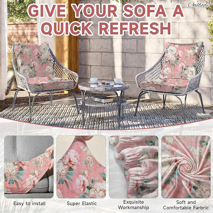 CALBODE 14 Pcs Stretch Outdoor Seat Cushion Covers, Washable Chair Seat Cover for Patio Furniture Cushions Soft Indoor and Outdoor Couch Cover Replacement (Pink Blooming, Cover Only)