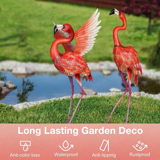 Garden Statues Large Metal Flamingo Sculptures, Set of 2 Red | Outdoor Metal Statue Yard Art for Garden Decor, Realistic Birds Art, Standing Lifelike, Water&Rust-Proof