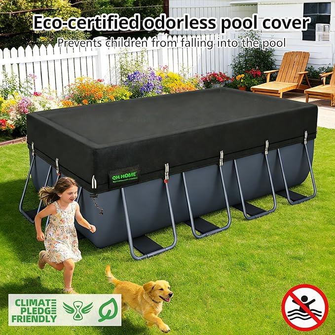 QH.HOME 550D 9x18 Ft Rectangular Pool Cover [Upgraded Tear Resistant & Quadruple Windpoof]wth Pre-Installed Winch and Rope,Pool Covers for Above Ground Pools Rectangle-Snug Fit & Waterproof Protection