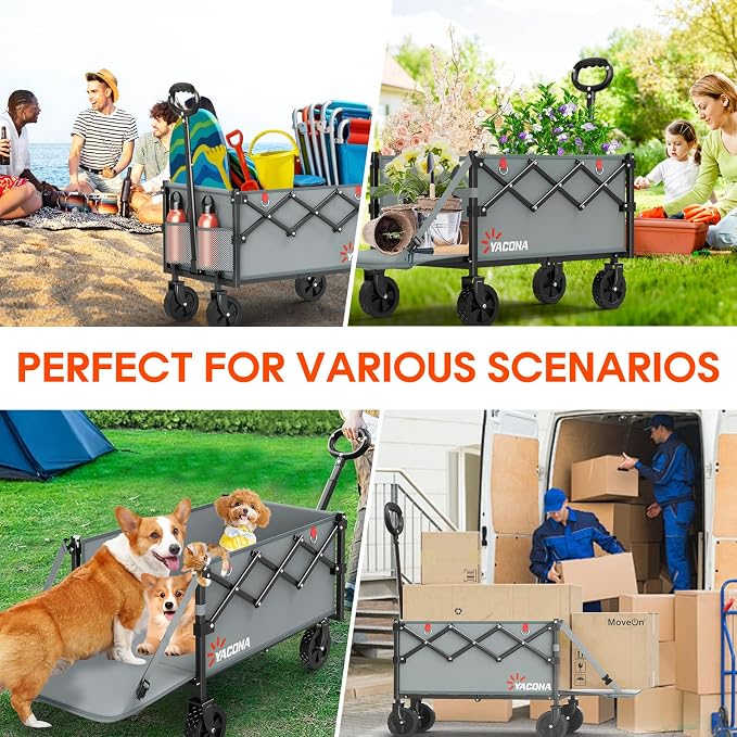 Yozoia 360LBS Heavy-Duty Foldable Wagon Cart with Wheels and Tailgate, 120L Collapsible Utility Wagon for Groceries, Outdoor Camping, Shopping, Beach, Garden