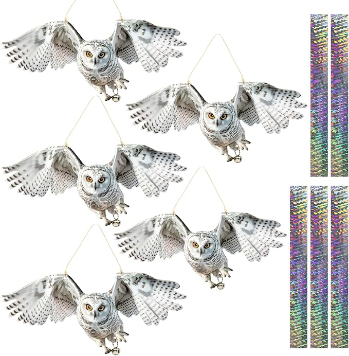 Flat Plastic Owl Scarer Hanging Device, 5 Pack Dual-Side Printed Owl with Reflective Tape and Bell for Garden Patio Farm Yard Window Porch, Outdoor Pigeon Woodpecker Scare Decoration, Not 3D
