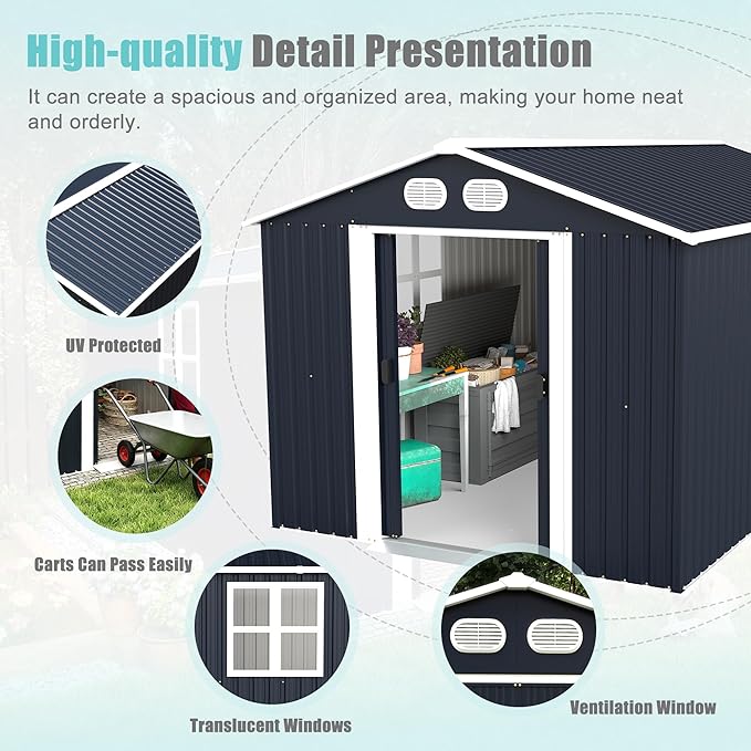 KEIKI 8x12 FT Outdoor Storage Shed, Heavy-Duty Metal Shed with Lockable Doors & Air Vents, Weather-Resistant Garden Tool Storage for Backyard Patio, Dark Gray