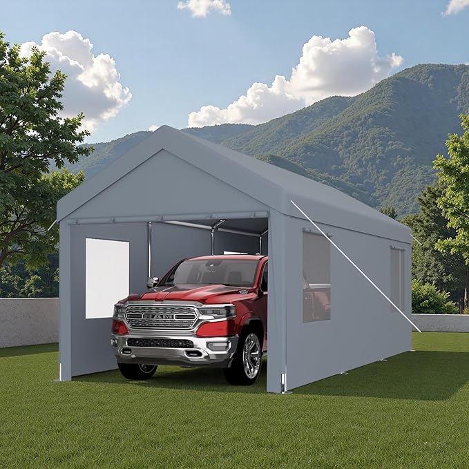 10x20FT Canopy, Outdoor Portable Garage with 2 Roll-Up Doors & 4 Ventilated Windows, Patio Camping Heavy Duty Car Port Canopy with PE Cover, Ground Pegs & Steel Cables, Easy Assembly, Grey
