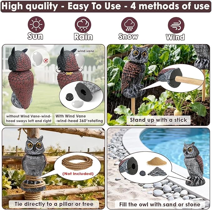 Fake owl Statue Decor 1Pack with Wind Panel, Fake Owls Waterproof for Garden Plant Orchard, Plastic owl Decor for Outside Indoor Patio Garden Yard Home Outdoor Decor