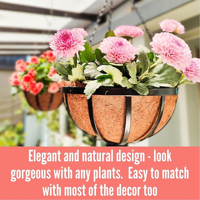 LaLaGreen Bundle- 2 Pack, 12 Inch Hanging Basket with Coco Liner + 4 Pack, 12 Inch Round Coco Liner Flat Metal Iron Plants Flower Holder Hanger Hook Chain Balcony Porch Deck Outdoor Home Garden Decor