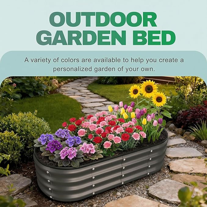 2PCS 4x2x1 FT Oval Metal Raised Garden Bed Kit, Elevated Garden Planter Box Outdoor, Trough Planter for Outdoor Plants, Flower, Vegetables, Fruit, Herbs (Dark Gray)