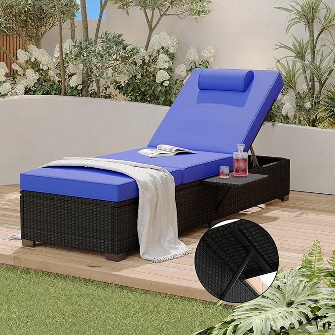 Garvee Outdoor Chaise Lounge Set of 2, 5-Position Adjustable Reclining PE Wicker Lounge Chairs with Cushions for Poolside, Garden, Patio, Backyard, Blue