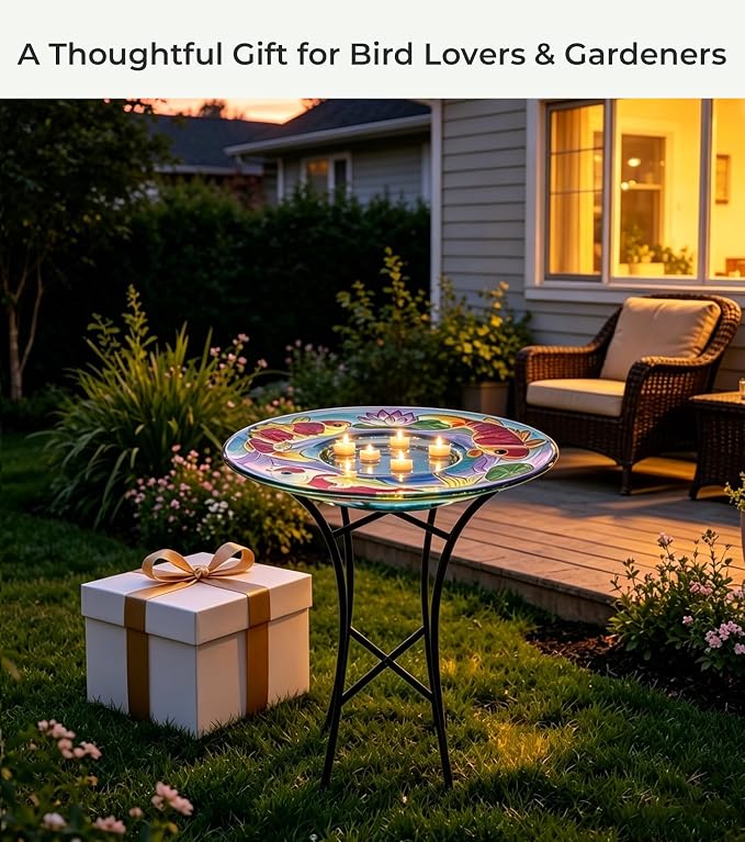 Bird Bath with Stand for Outside, Fits Solar Fountain Pump, Glass Birdbath Bowl for Garden Yard, Koi Design, Decorative Indoor Outdoor, Easy Clean, 21" H