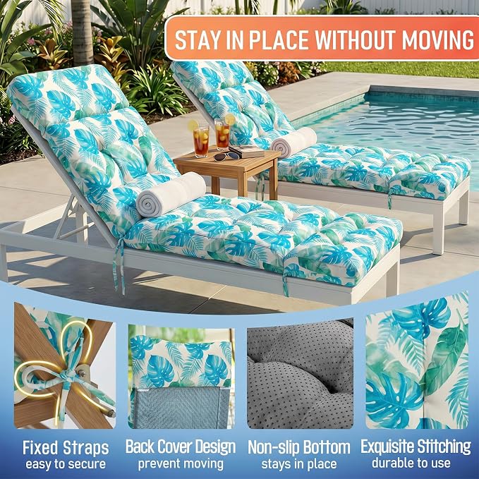 MAGIC ELEPHANT Chaise Lounge Cushion Outdoor, Memory Foam Patio Lounge Chair Cushion with Ties for Outdoor Furniture, 74 x 22 x 4 Inch (Aqua Monstera)