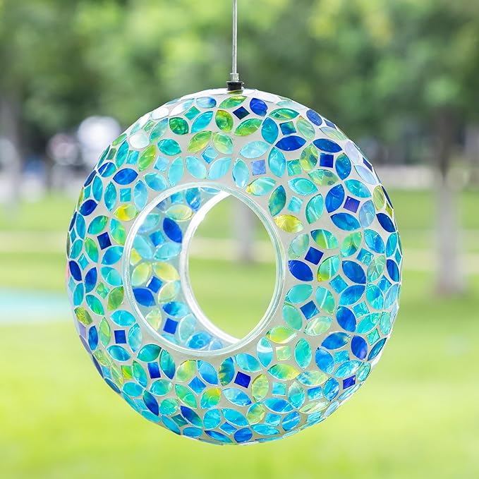 Glitzhome 8''D Hanging Glass Bird Feeder, Round Fly Through Wild Bird Feeder for Outdoors,Blue/Green Mosaic Birdfeeder for Garden, Yard, Backyard, Deck and Porch Decor