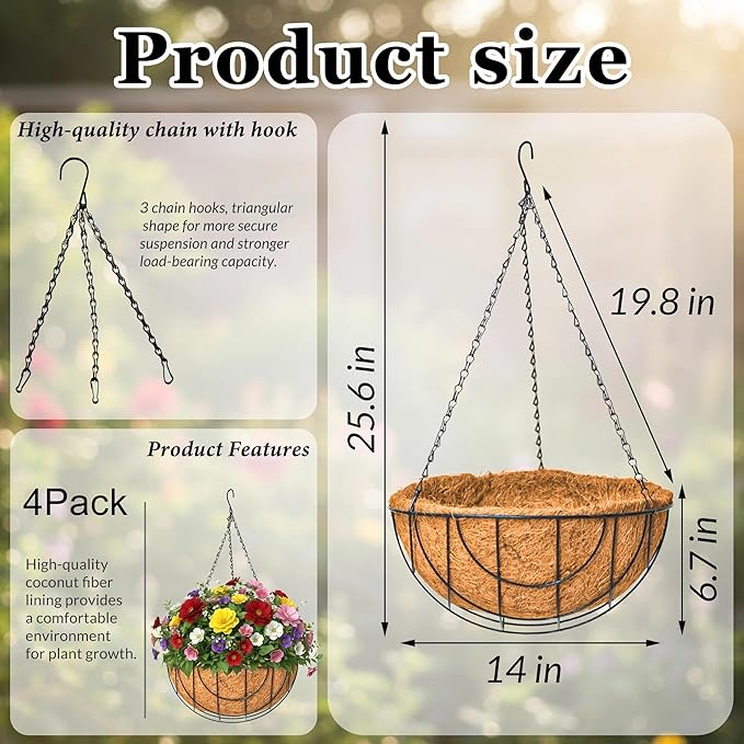 4 Pack 14 Inch Metal Hanging Planter Basket，Natural Round Coconut Hanging Plant Flower Pot，Coconut Coir Planter for Hanging Basket Flowers/Vegetables Home Garden Patio Decoration Earth