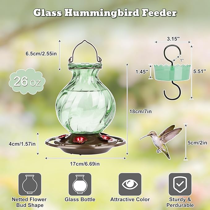Auslar 26 Ounces Hummingbird Feeder, Hummingbird Feeders for Outdoors Hanging, Ant Moat and 5 Flower Feeding Ports, Fade Proof, Rustproof, Leakproof, Netted Flower Bud Shape Bottle, Green