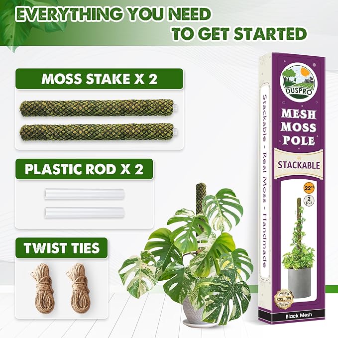 DUSPRO 2 Pack 22" Black Stackable Mesh Moss Pole for Plants – Extendable Up to 39", Natural Forest Moss Pole Monstera Plant Support, Moss Stick for Climbing Plants, Indoor Plant Stakes Accessories
