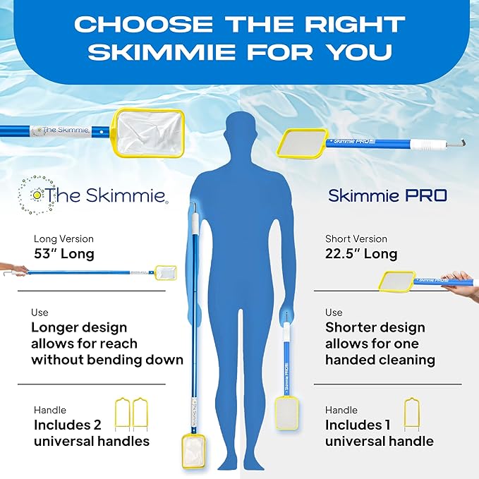 The Skimmie (Long Version) Pool Skimmer Net & Pole 53" with Stainless Steel Hook, Two Skimmer Basket Handles, Fine Mesh Net & Skimmie Dip - Hands-Free Removal of Debris, Bugs, Frogs, Small, Animals