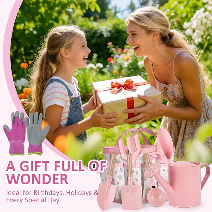 Cossy Kids Gardening Set, 13PCS Garden Tool Kit for Kids and Toddlers Boys Girls, Includes Tote Bag, Watering Can, Shovels, Rake, Kids Gardening Gloves, Apron and More, Pink