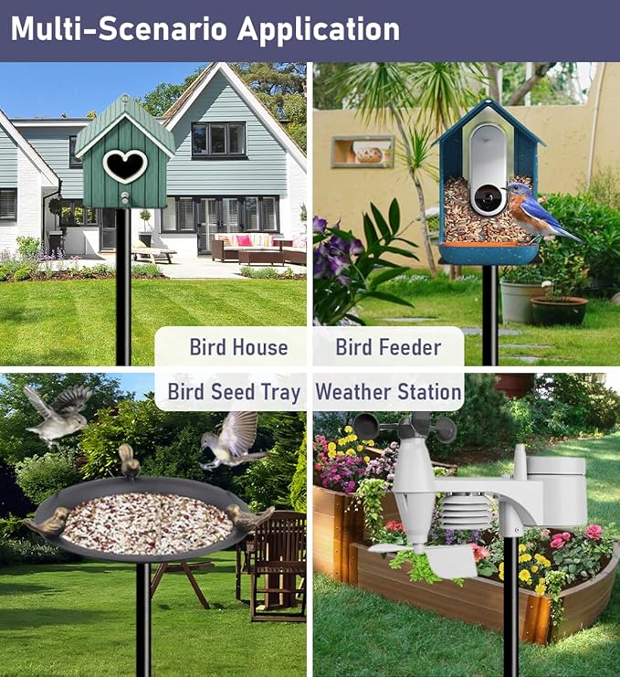 90 Inch Smart Bird Feeder Pole with 5-Prong Base, Adjustable Bird House Pole Mount Kit for Outdoors, Heavy Duty Bird Feeder Stand for Wild Birds Watching, Black