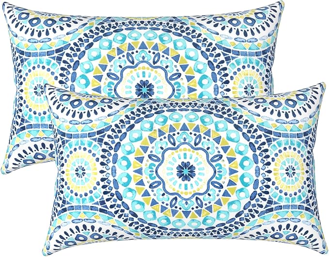 LVTXIII Outdoor/Indoor Lumbar Pillows, Decorative Patio Lumbar Cushions, Fluffy Water Repellent Garden Cushions for Home Patio Coach Sofa Use, 12×20 Inch, Pack of 2, Delancey Lagoon