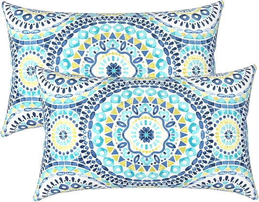 LVTXIII Outdoor/Indoor Lumbar Pillows, Decorative Patio Lumbar Cushions, Fluffy Water Repellent Garden Cushions for Home Patio Coach Sofa Use, 12×20 Inch, Pack of 2, Delancey Lagoon