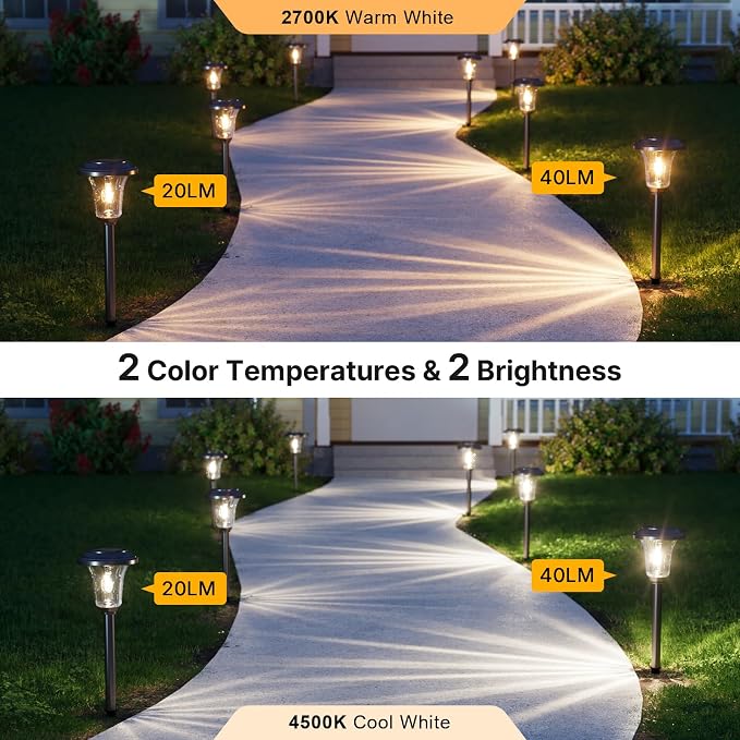 XMCOSY+ Solar Lights Outdoor Waterproof, 6 Pack Metal Glass Solar Pathway Lights, 20/40LM Bright Landscape Lighting for Garden Yard Backyard Path Driveway Walkway Outside Decor (Warm/Cool White)