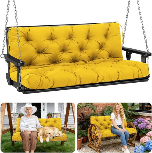 Porch Swing Cushions Outdoor 60 inch x 40 Waterproof Swing Cushions 3 Seater Replacement with Backrest & 8 Ties 5" Thick Bench Swing Cushions for Outdoor Furniture Patio(Yellow)