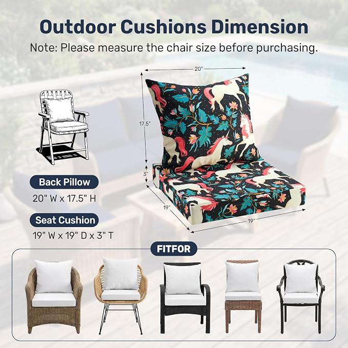 UNIKOME Outdoor Seat Cushions 19 X 19 Inch - Water-Resistant & Fade Resistant, Removable Cover Patio Furniture Cushions for Chair, Sofa, Couch, Wicker, Unicorn