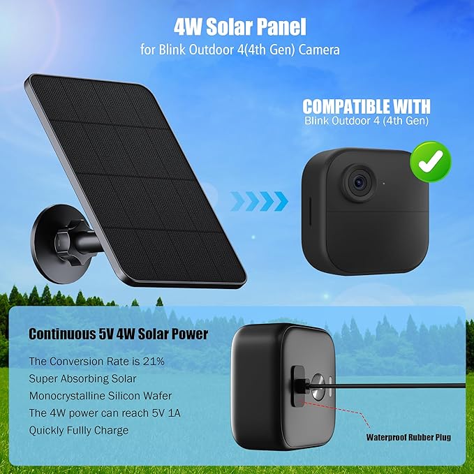 Solar Panel for Blink Camera, 4W Solar Panel Charger Compatible with New Blink Outdoor 2K+/4(4th Gen), USB-C Port, IP65 Waterproof Rubber Plug, 13.1ft Cable, Adjustable Mount(Camera Not Included)