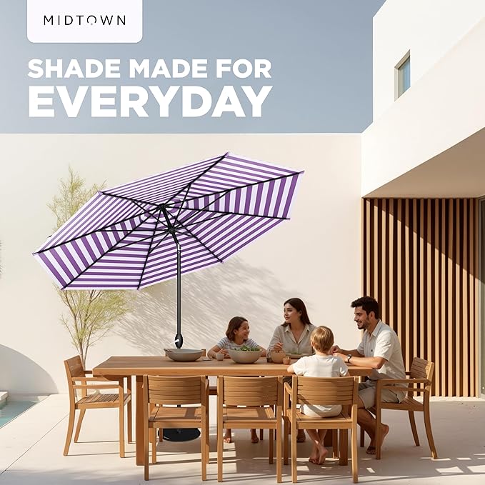 Midtown Umbrellas - 10-Year-No-Fade 9 Ft Patio Umbrella with Terylast Fabric, Auto-Tilt Aluminum Frame and 8 Reinforced Ribs for Deck, Pool, Garden & Beach - Purple Stripe Canopy, Black Pole