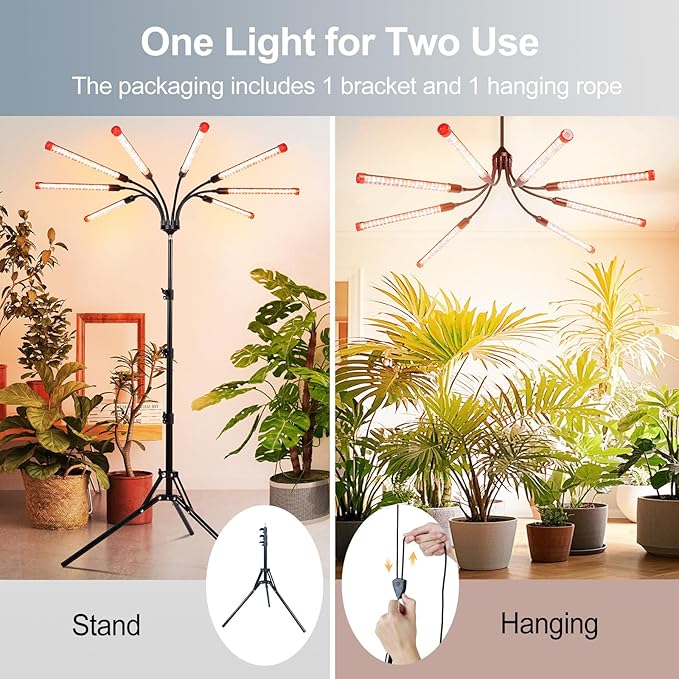 FECiDA Gamechanger! 72 Watt Power Draw, NO Need Adapter, 8Head Grow Light with Tripod Stand, 2026 Big Coverage LED Grow Lights for Indoor Tall Plants, Bonsai Tree, 4/8/12/16/20H Timer