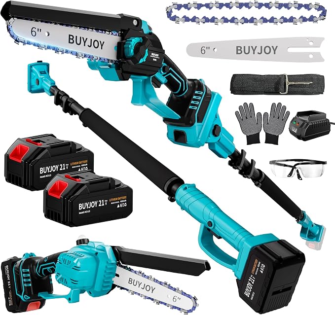 2-in-1 Electric Pole Saws for Tree Trimming, 6 Inch Mini Chainsaw Cordless with Extension Pole, 2 x 4000mAh Batteries,Battery Powered Pole Chain Saw, Tree Trimmer Limb Branch Cutter Pruner